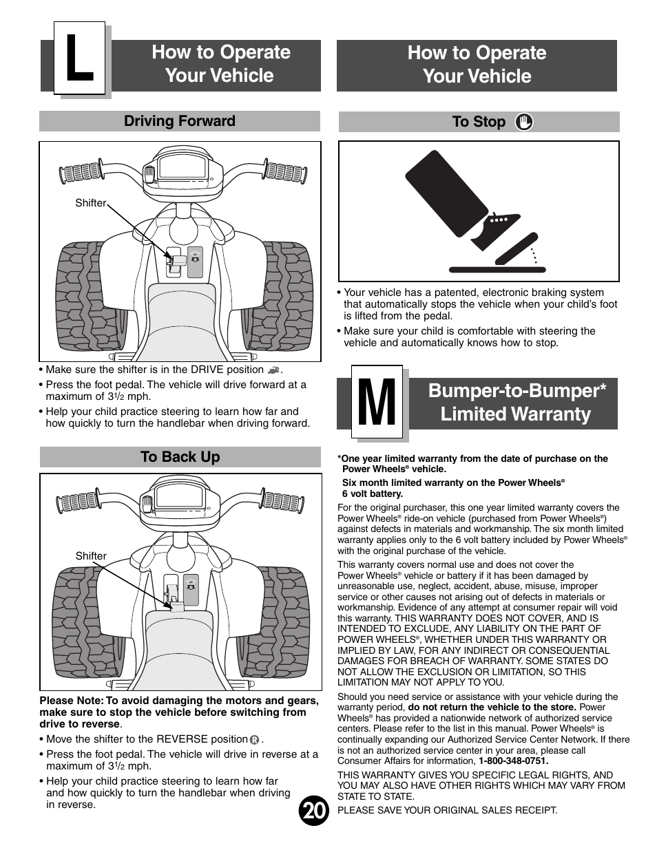 Bumper-to-bumper* limited warranty, How to operate your vehicle, Driving forward to stop | Kawasaki MOJAVE 78473 User Manual | Page 20 / 28