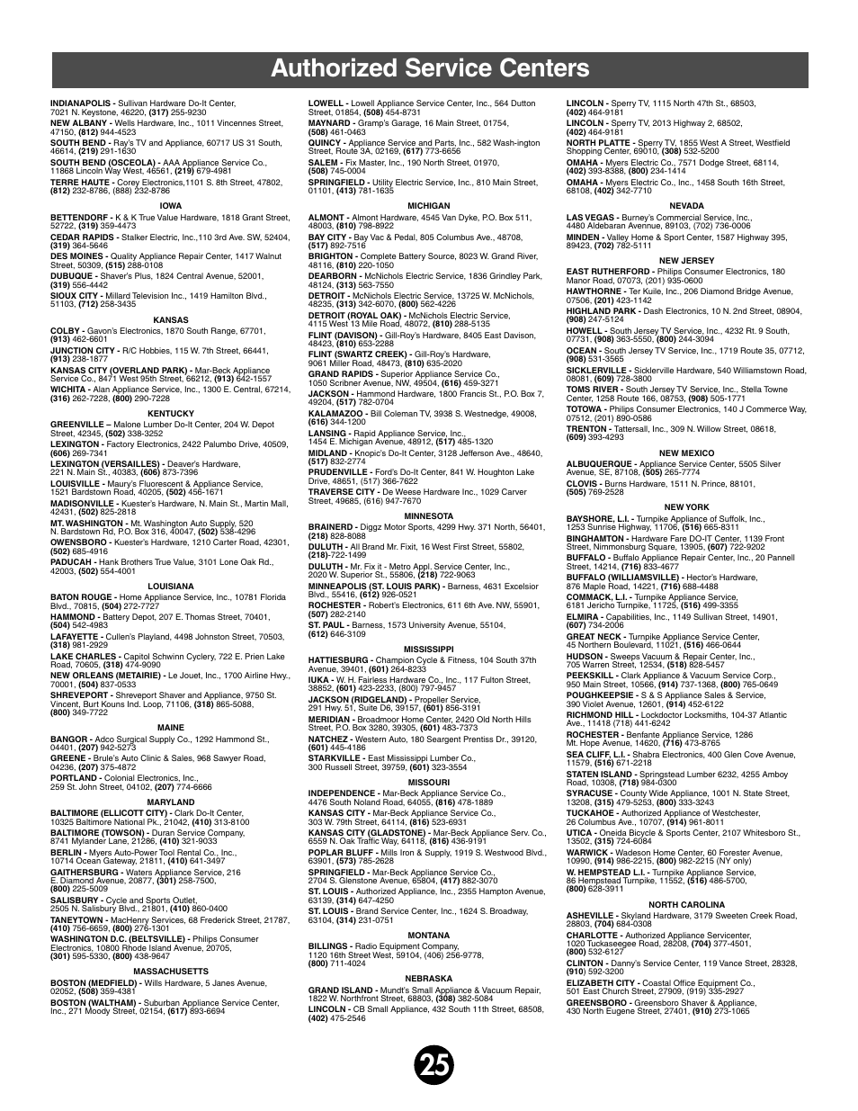 Authorized service centers | Kawasaki MOJAVE 78473 User Manual | Page 25 / 28