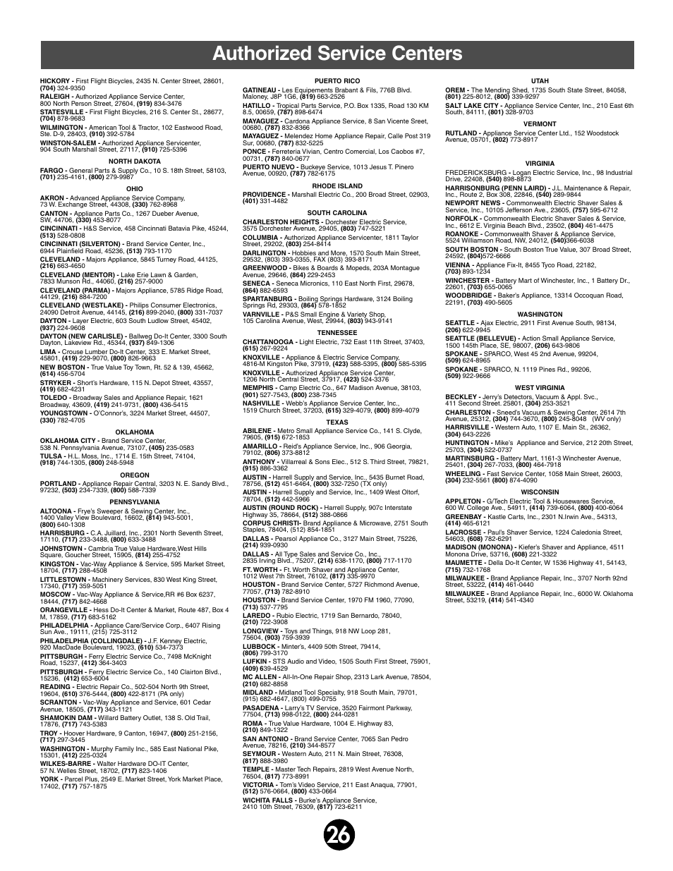 Authorized service centers | Kawasaki MOJAVE 78473 User Manual | Page 26 / 28