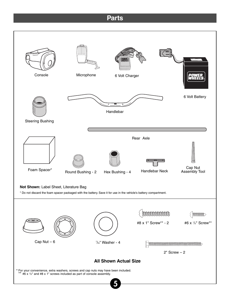 Parts, All shown actual size | Kawasaki MOJAVE 78473 User Manual | Page 5 / 28