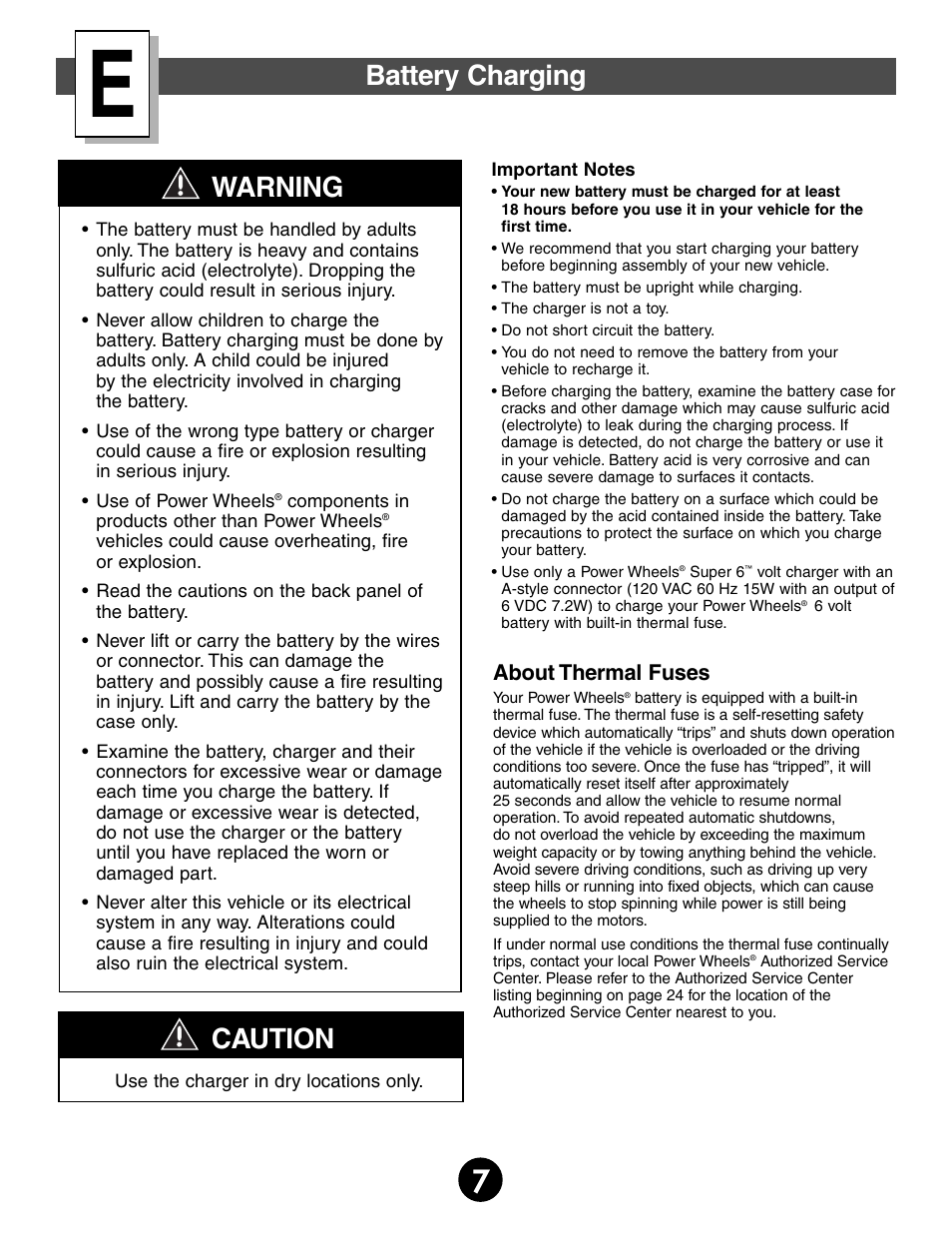 Battery charging, Warning, Caution | About thermal fuses | Kawasaki MOJAVE 78473 User Manual | Page 7 / 28