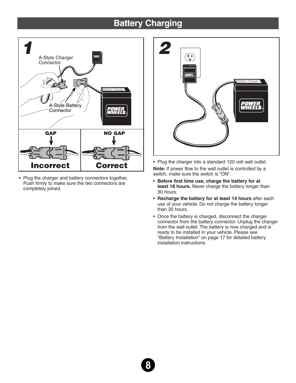 Battery charging, Incorrect correct | Kawasaki MOJAVE 78473 User Manual | Page 8 / 28