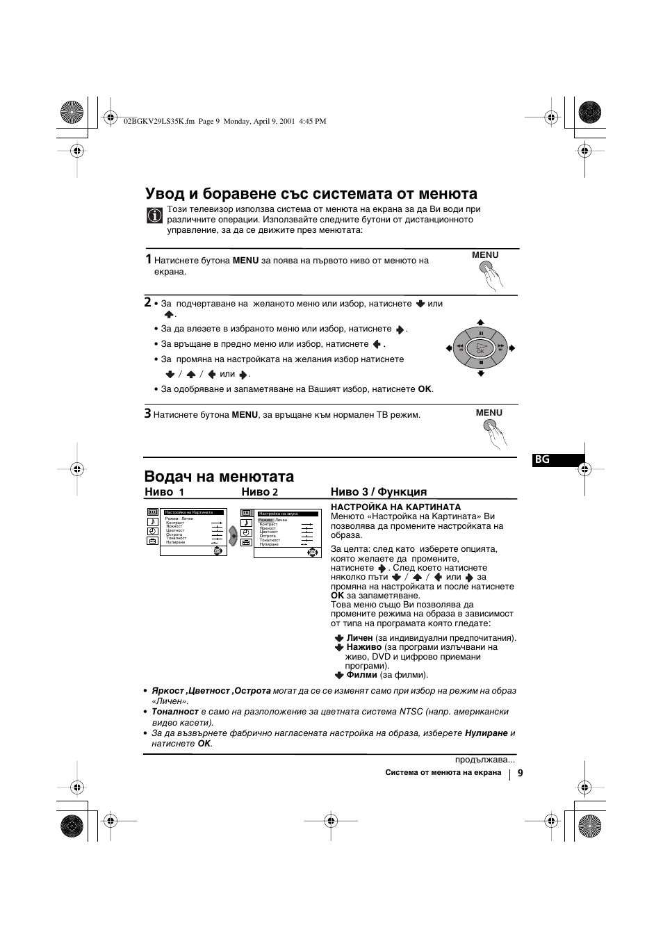 Увод и боравене със системата от менюта, Водач на менютата, Ниво | Ниво 3 / функция | Sony KV-29LS35K User Manual | Page 28 / 122