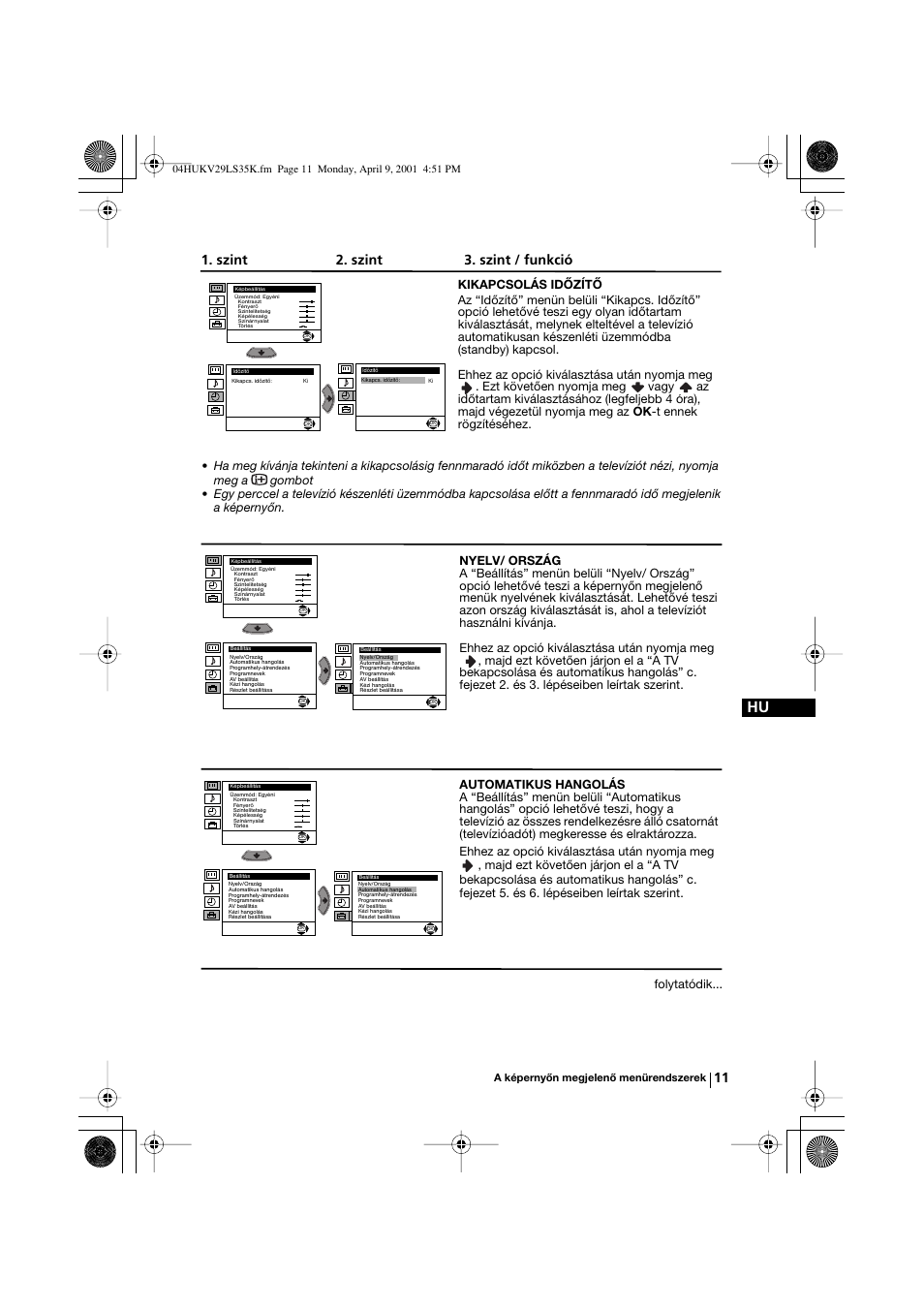 Szint 2. szint 3. szint / funkció, Folytatódik, A képernyőn megjelenő menürendszerek | Sony KV-29LS35K User Manual | Page 70 / 122