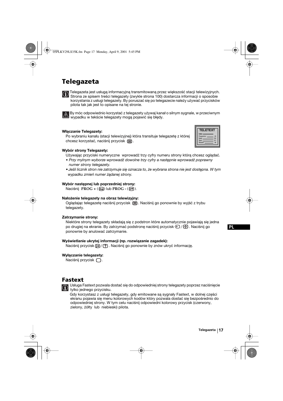 Telegazeta, Fastext | Sony KV-29LS35K User Manual | Page 96 / 122