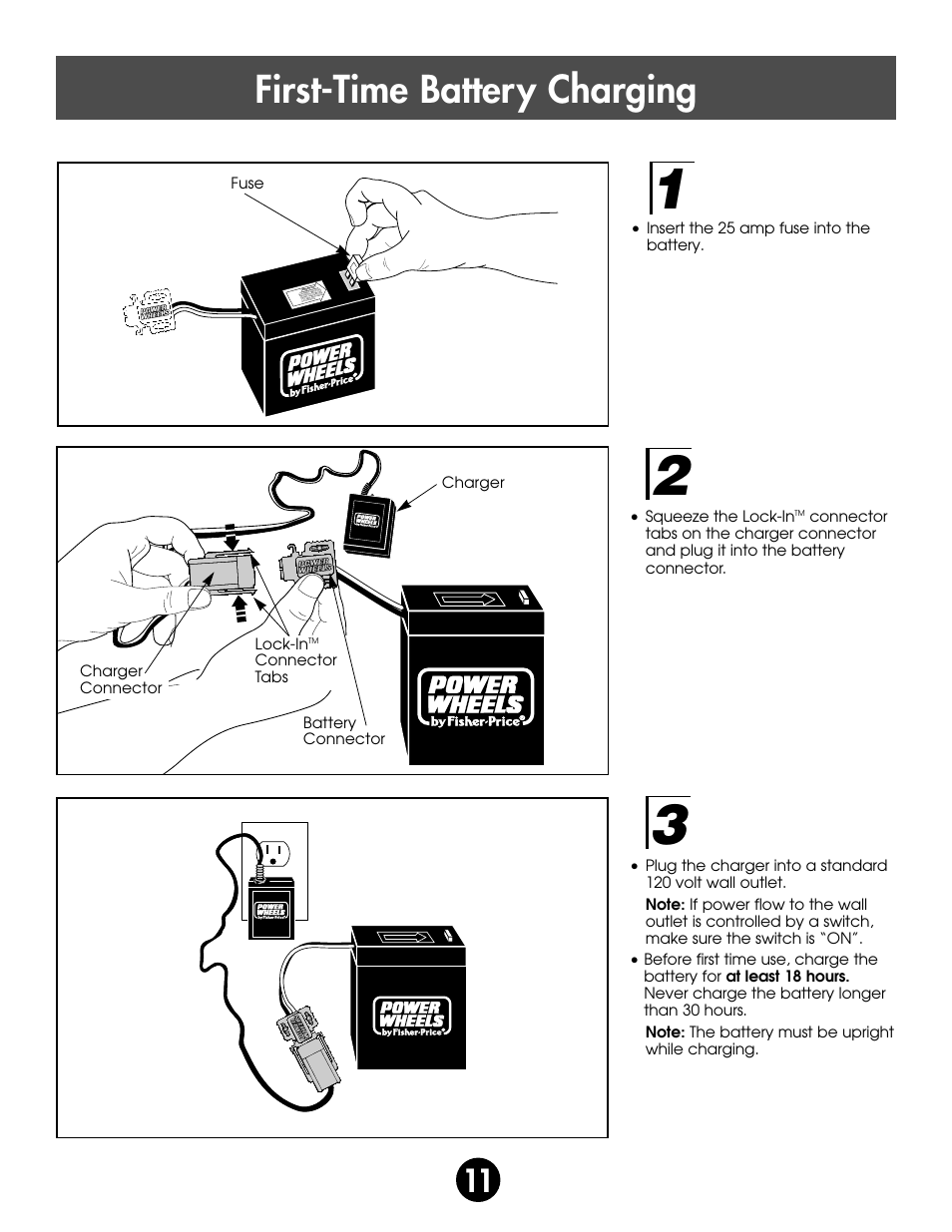 First-time battery charging, Squeeze the lock-in, Battery connector charger connector lock-in | Connector tabs, Insert the 25 amp fuse into the battery, Fuse charger | Kawasaki ZX-7 78410 User Manual | Page 11 / 38