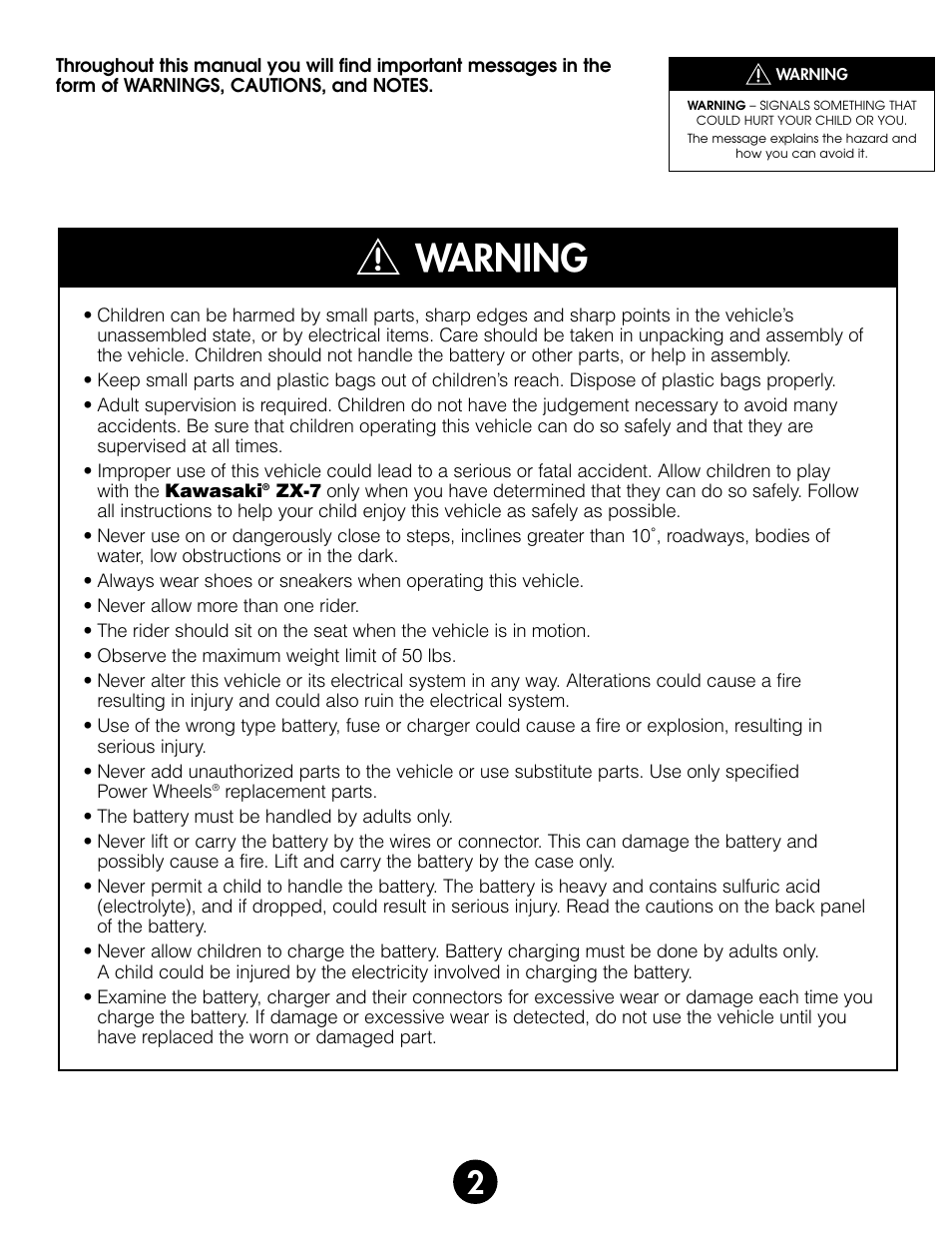 Warning | Kawasaki ZX-7 78410 User Manual | Page 2 / 38