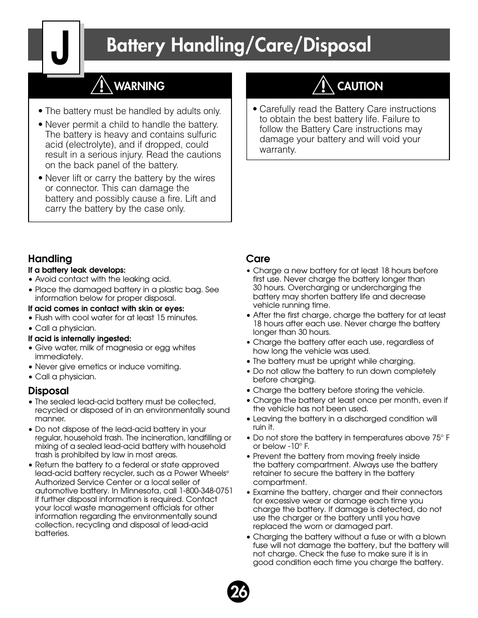 Battery handling/care/disposal | Kawasaki ZX-7 78410 User Manual | Page 26 / 38