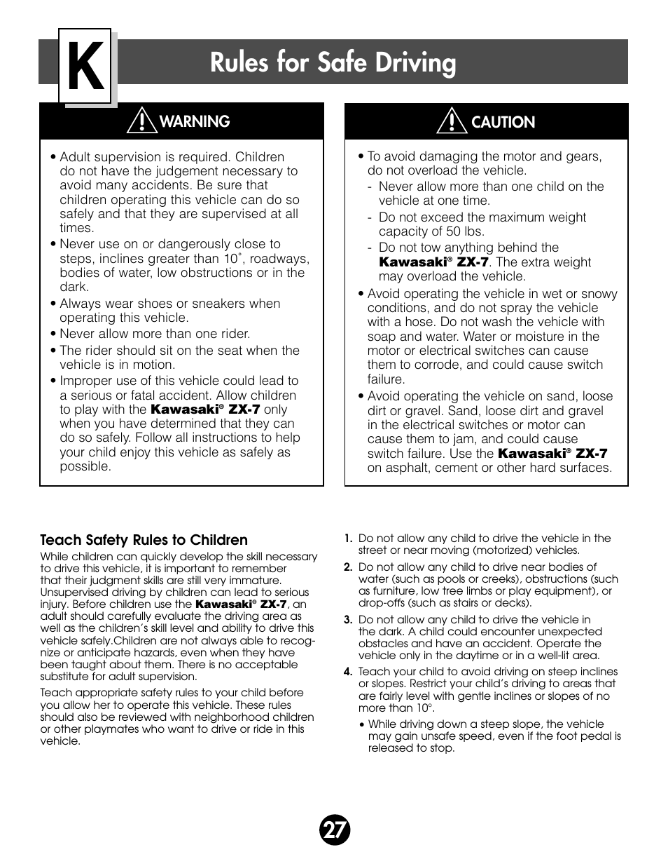 Rules for safe driving | Kawasaki ZX-7 78410 User Manual | Page 27 / 38