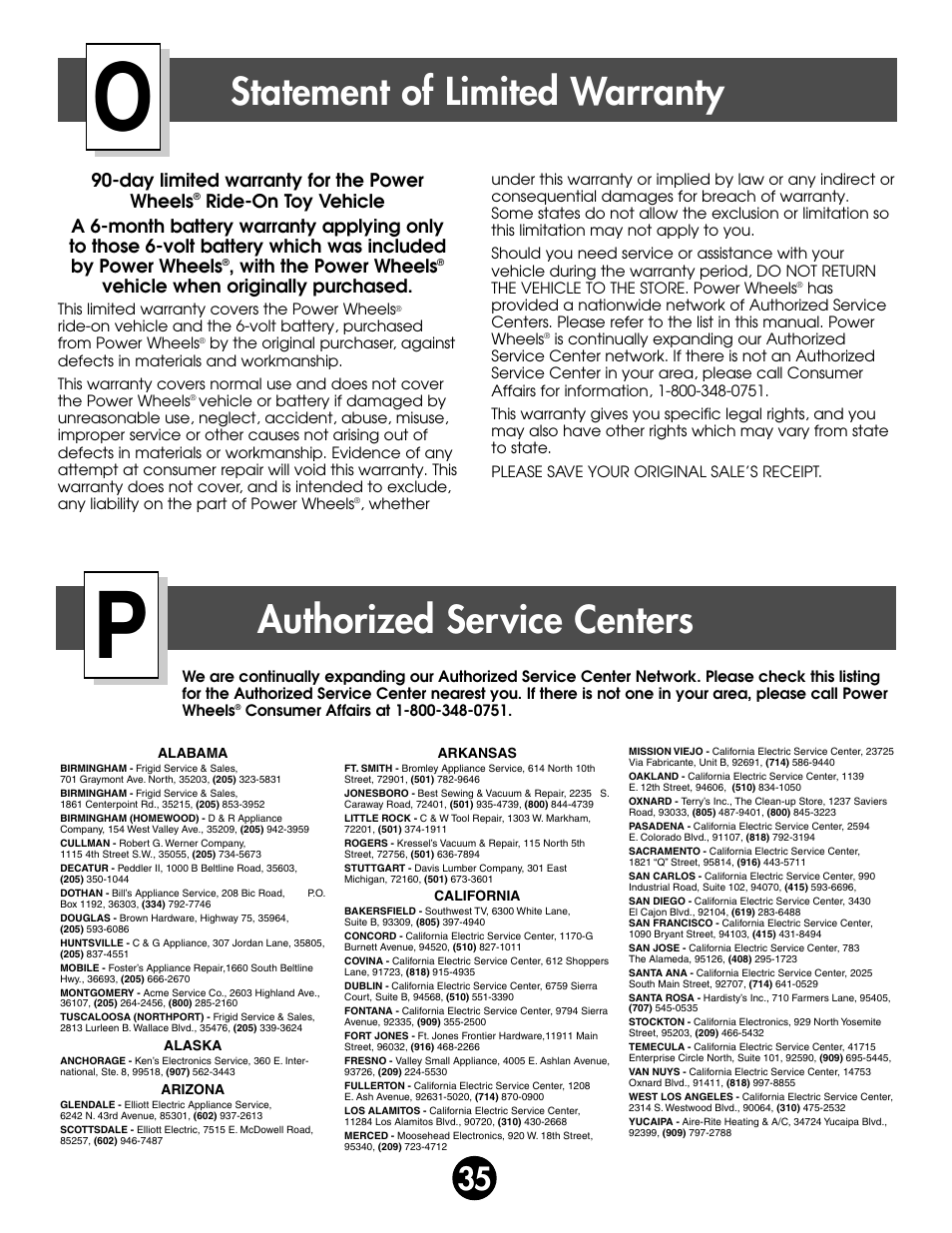 Statement of limited warranty, Authorized service centers | Kawasaki ZX-7 78410 User Manual | Page 35 / 38