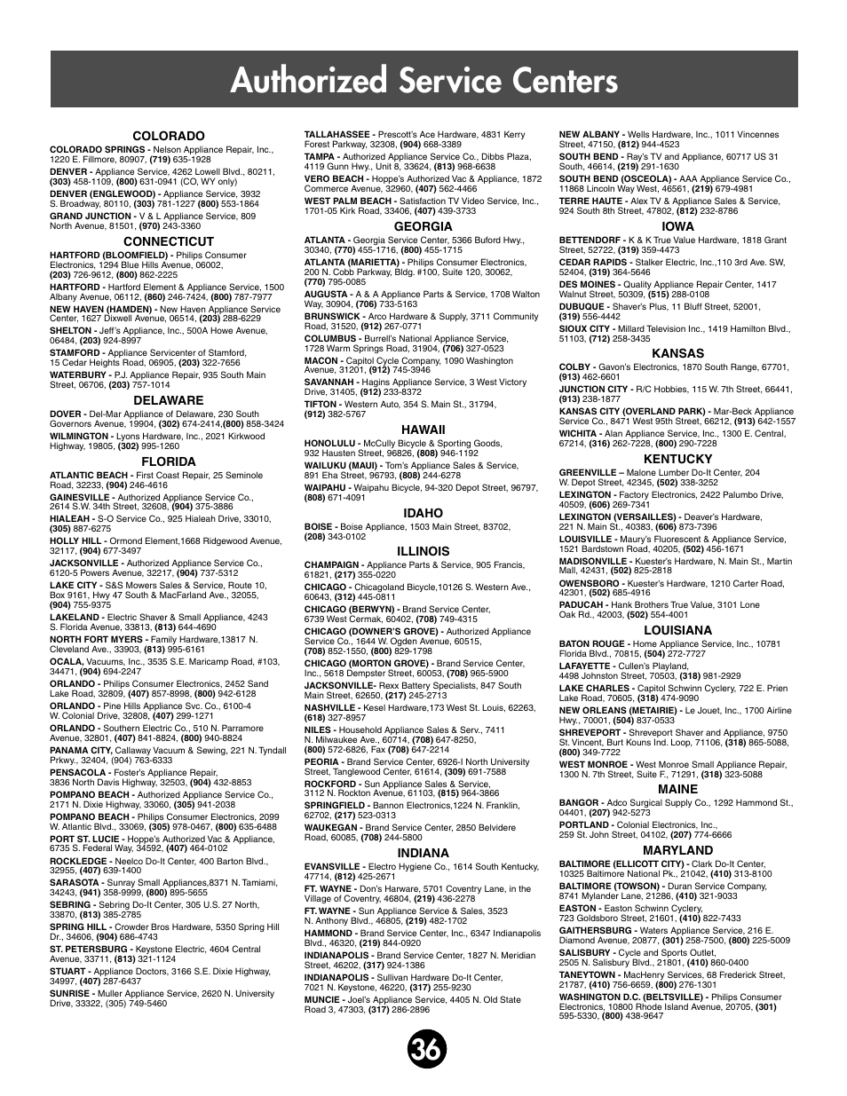 Authorized service centers | Kawasaki ZX-7 78410 User Manual | Page 36 / 38