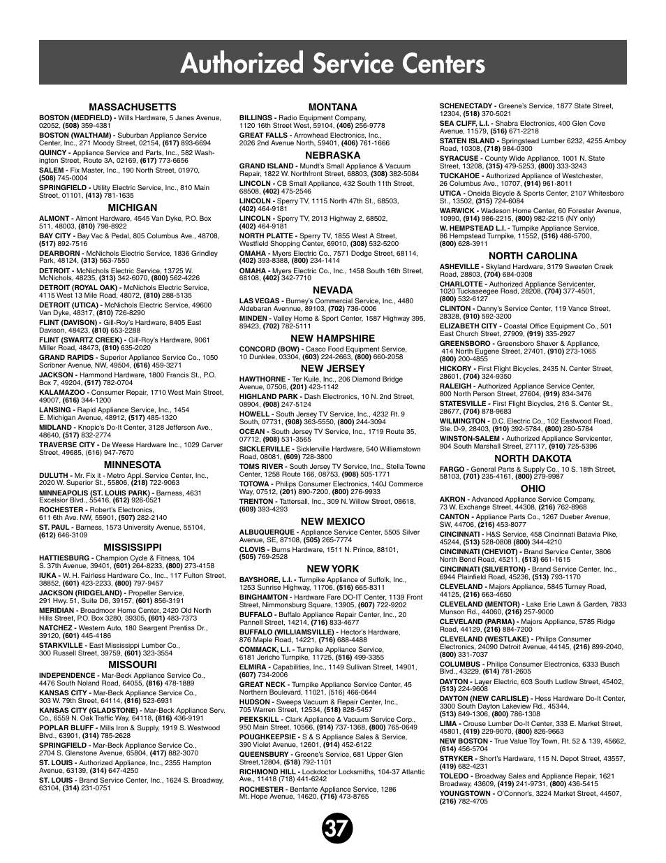 Authorized service centers | Kawasaki ZX-7 78410 User Manual | Page 37 / 38