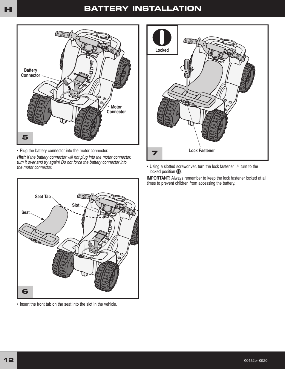 Battery installation | Kawasaki K0452 User Manual | Page 12 / 20