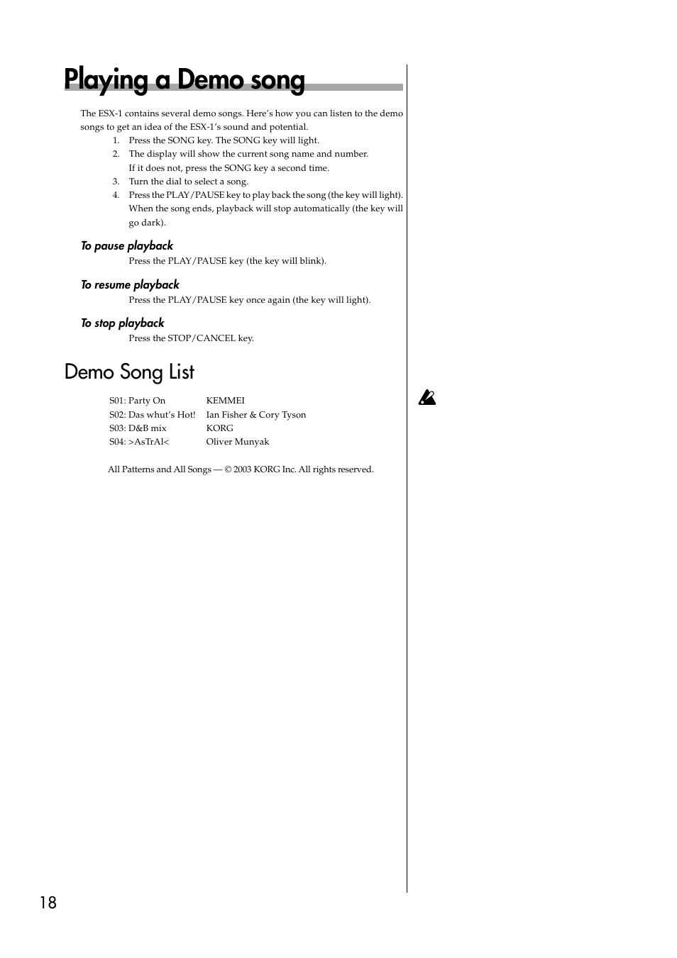 Playing a demo song, To pause playback, To resume playback | To stop playback, Demo song list | KORG ESX-1 User Manual | Page 18 / 108
