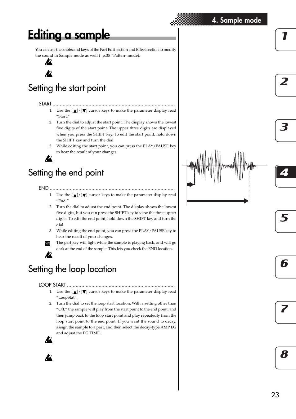 Editing a sample, Setting the start point, Setting the end point | Setting the loop location, 23 4. sample mode | KORG ESX-1 User Manual | Page 23 / 108