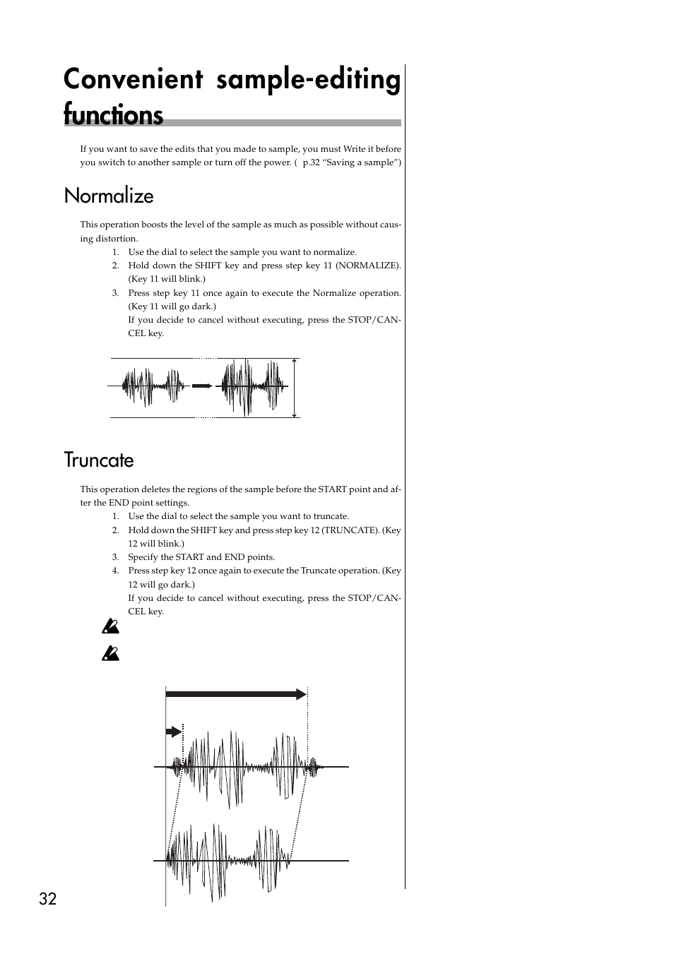 Convenient sample-editing functions, Normalize, Truncate | Saving a sample | KORG ESX-1 User Manual | Page 32 / 108