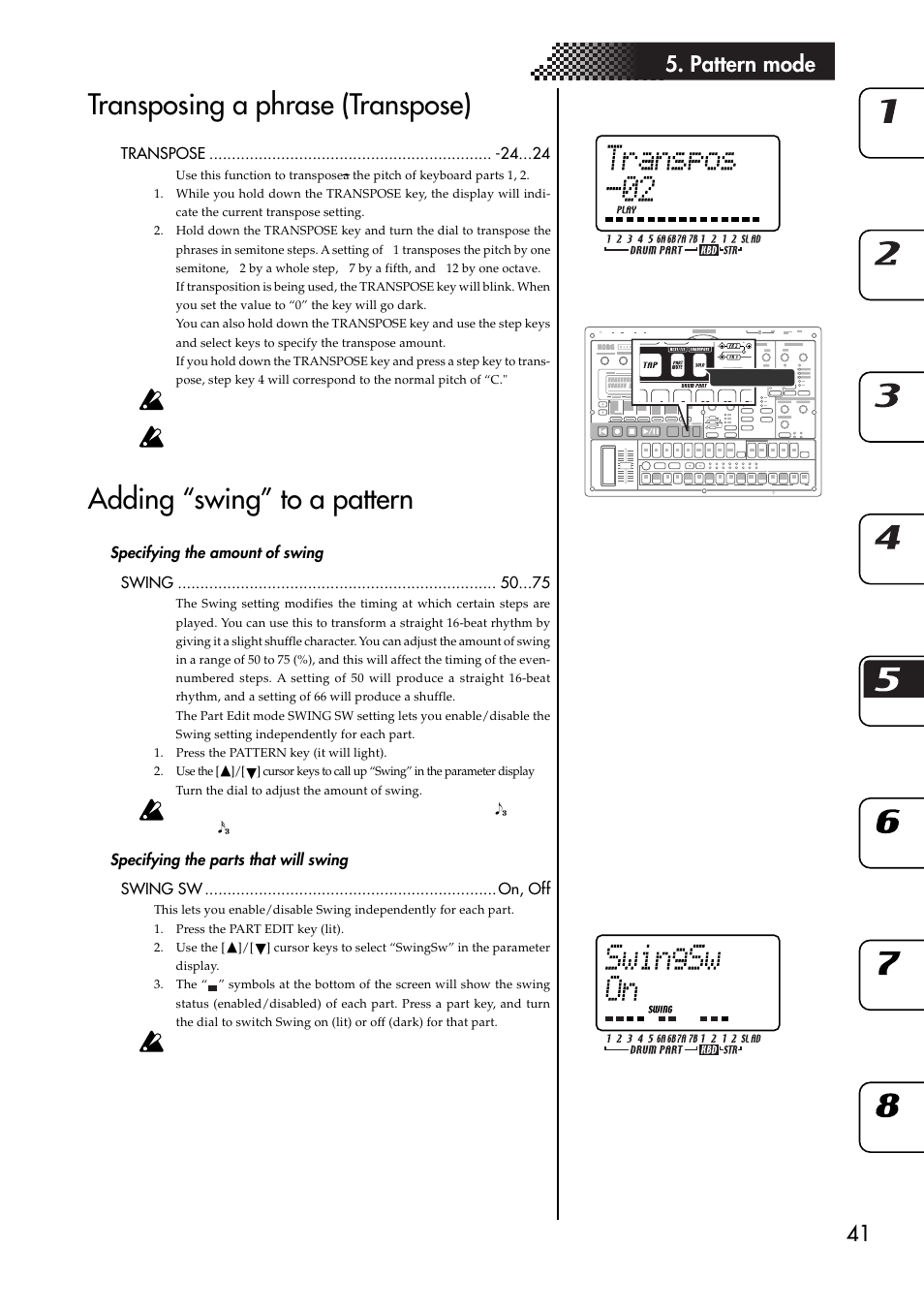 Transposing a phrase (transpose), Adding “swing” to a pattern, Specifying the amount of swing | Specifying the parts that will swing, 41 5. pattern mode | KORG ESX-1 User Manual | Page 41 / 108