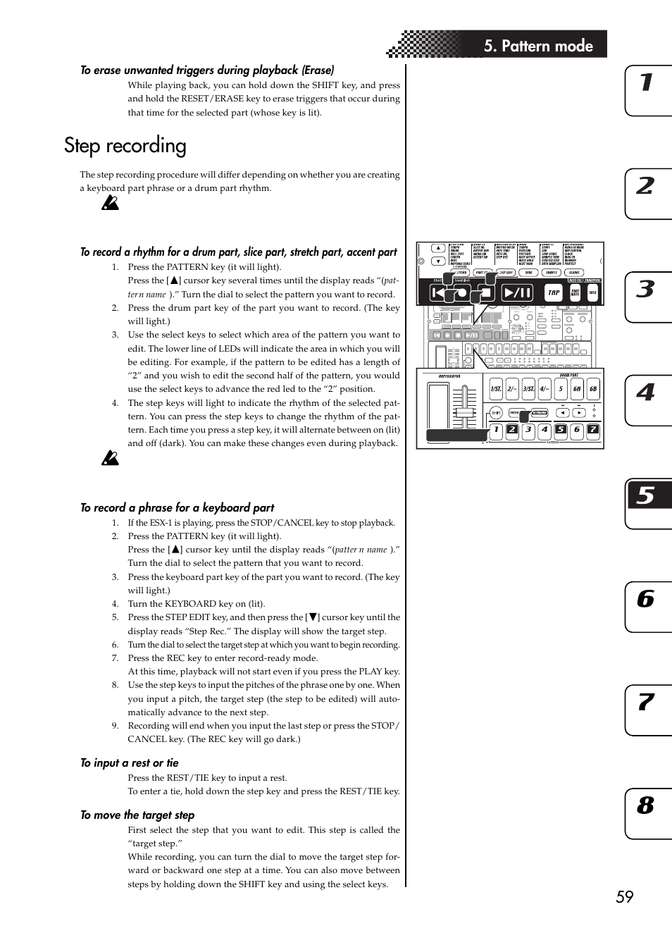 To erase unwanted triggers during playback (erase), Step recording, To record a phrase for a keyboard part | To input a rest or tie, To move the target step, Part, accent part, 59 5. pattern mode | KORG ESX-1 User Manual | Page 59 / 108