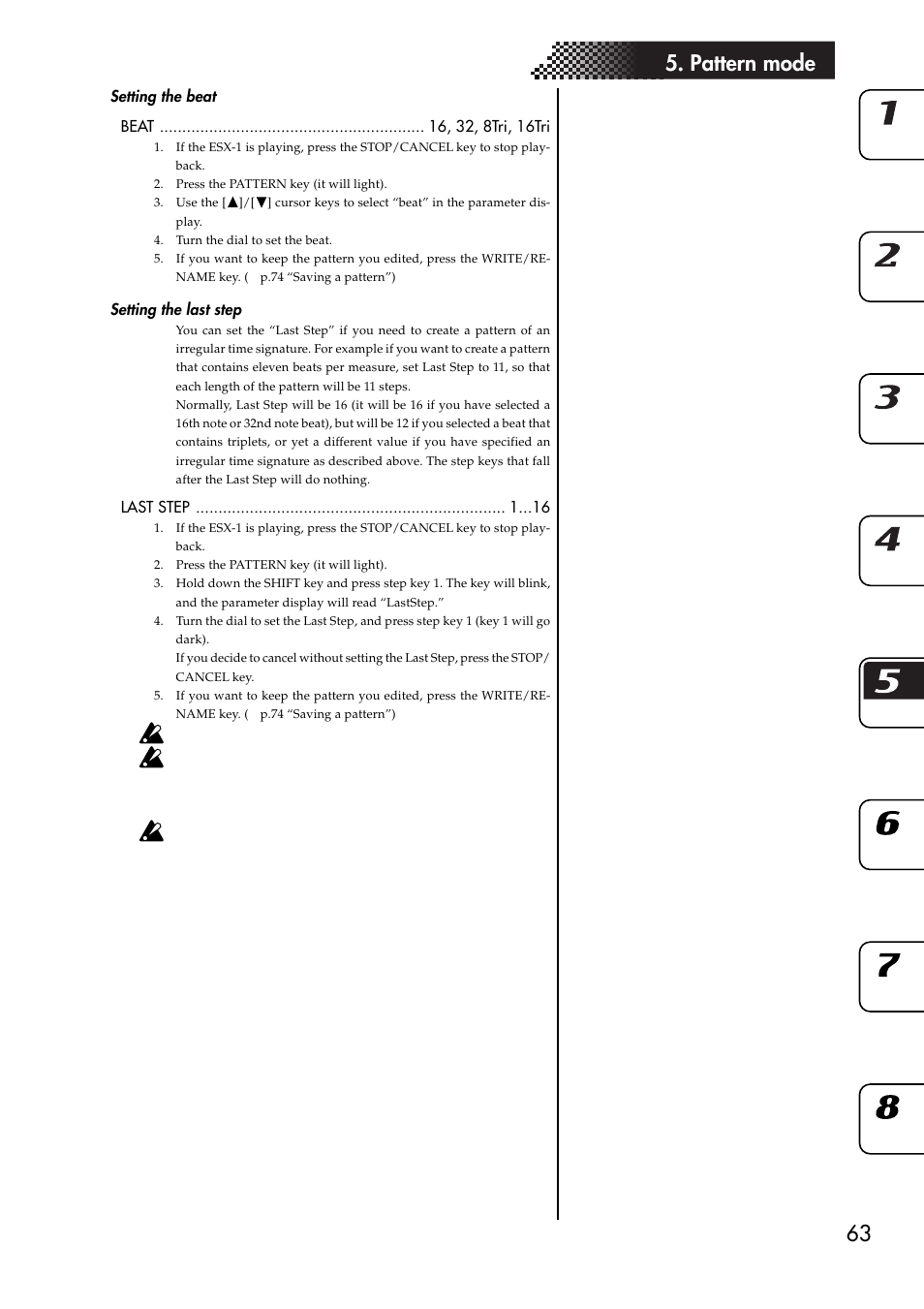 Setting the beat, Setting the last step, Setting the beat setting the last step | 63 5. pattern mode | KORG ESX-1 User Manual | Page 63 / 108