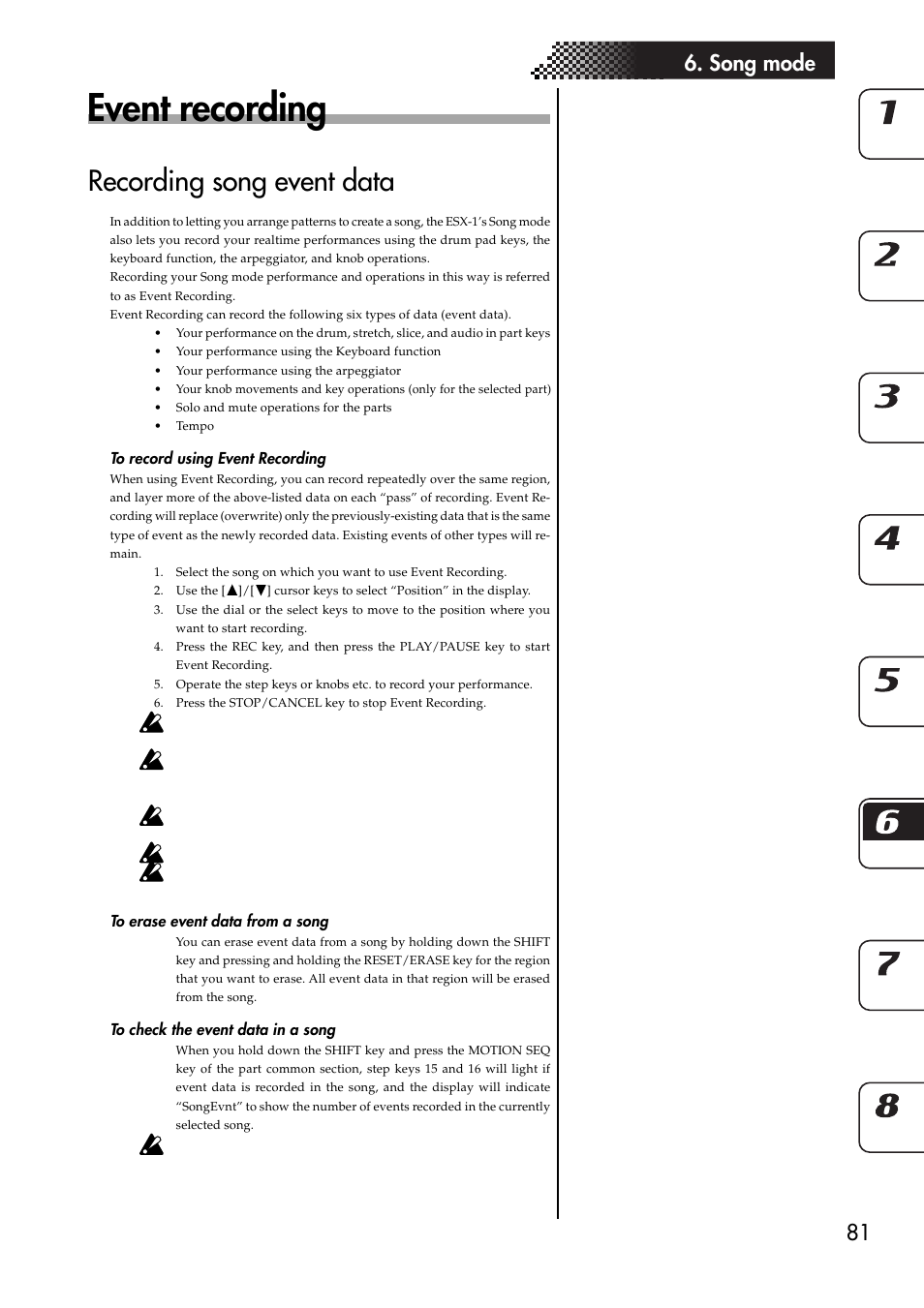 Event recording, Recording song event data, To record using event recording | To erase event data from a song, To check the event data in a song, 81 6. song mode | KORG ESX-1 User Manual | Page 81 / 108