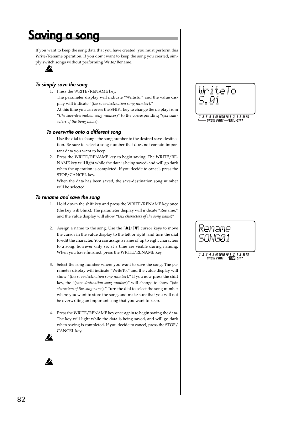 Saving a song, To simply save the song, To overwrite onto a different song | To rename and save the song | KORG ESX-1 User Manual | Page 82 / 108