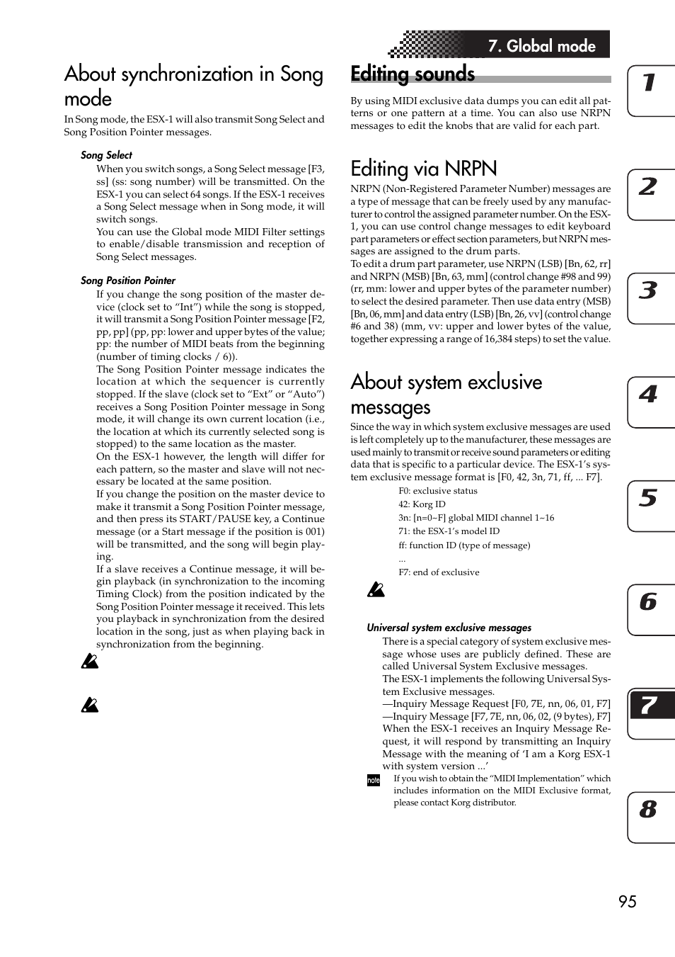 About synchronization in song mode, Song select, Song position pointer | Editing sounds, Editing via nrpn, About system exclusive messages, Universal system exclusive messages, Editing via nrpn about system exclusive messages, 95 7. global mode | KORG ESX-1 User Manual | Page 95 / 108
