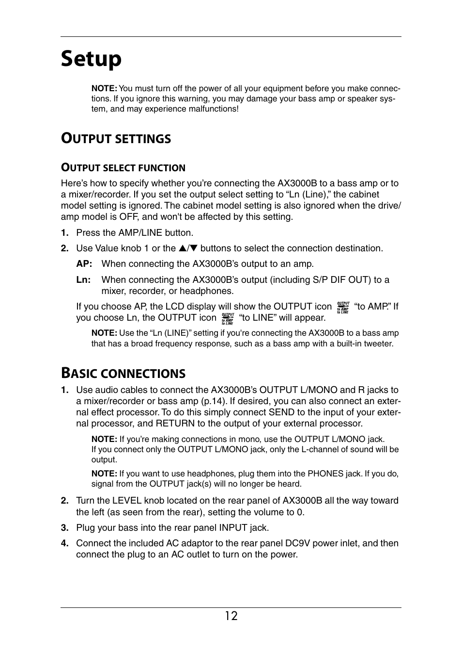 Setup, Output settings, Output select function | Basic connections, E selected (p.12), Utput, Settings, Asic, Connections | KORG Ax3000b User Manual | Page 18 / 68