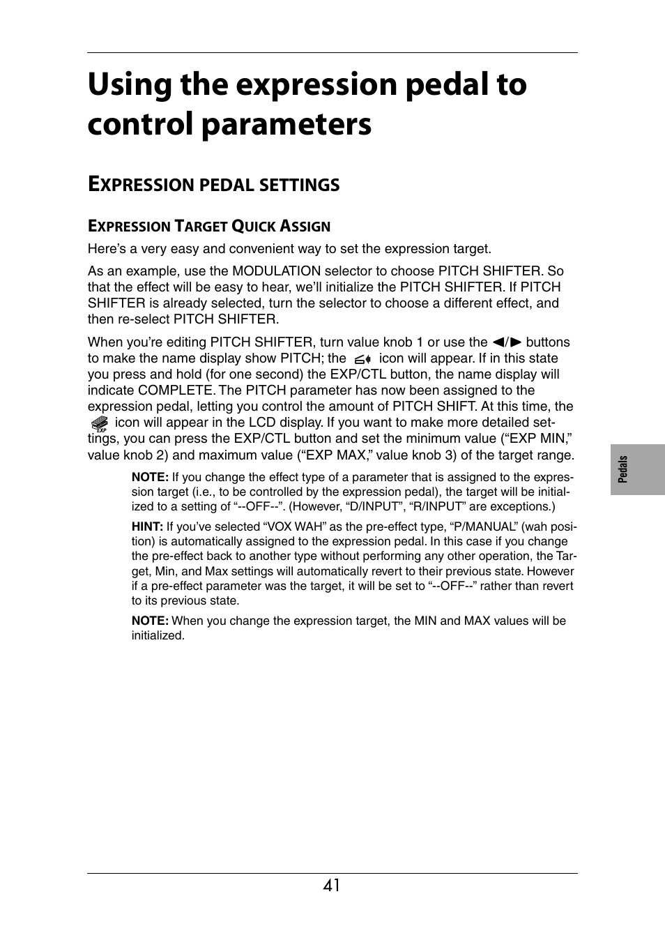 Using the expression pedal to control parameters, Expression pedal settings, Expression target quick assign | P.41, P.41 using the expression pedal to control param, Eters), Xpression, Pedal, Settings | KORG Ax3000b User Manual | Page 47 / 68