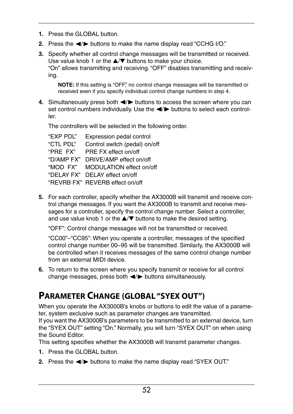 Parameter change (global “syex out”), P.52), Global “syex out”) | Arameter, Hange | KORG Ax3000b User Manual | Page 58 / 68