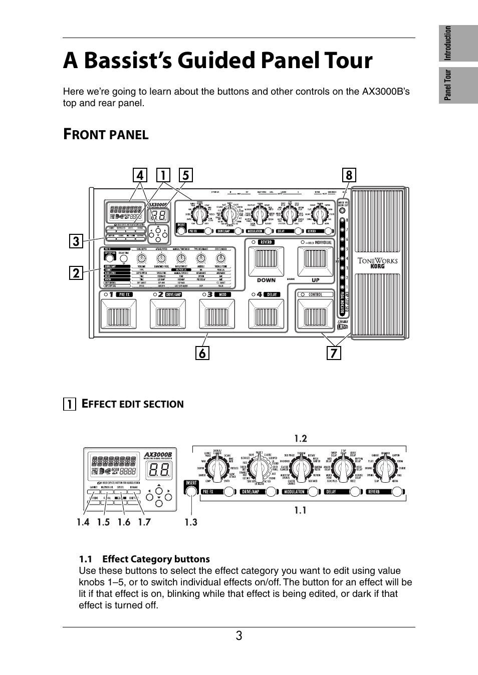 A bassist's guided panel tour, Front panel, Effect edit section | A bassist’s guided panel tour, Ront, Panel | KORG Ax3000b User Manual | Page 9 / 68