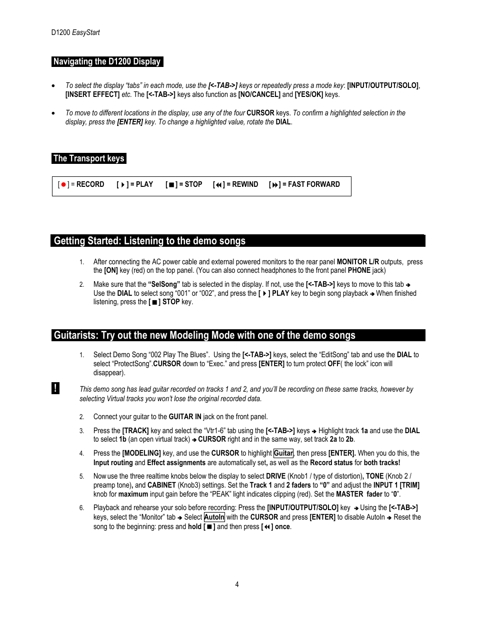 Getting started: listening to the demo songs | KORG D1200 User Manual | Page 4 / 8