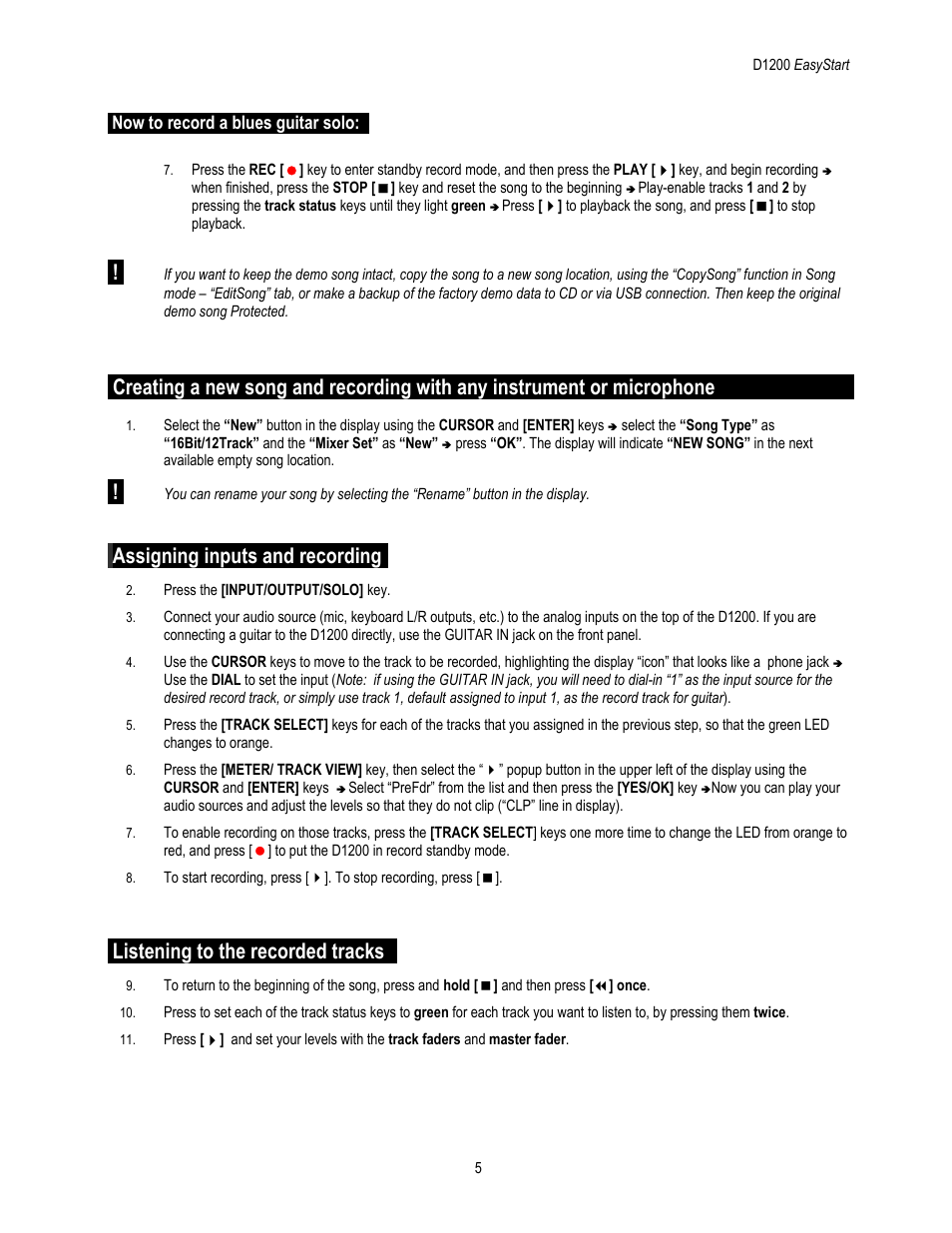 Assigning inputs and recording, Listening to the recorded tracks, Now to record a blues guitar solo | KORG D1200 User Manual | Page 5 / 8