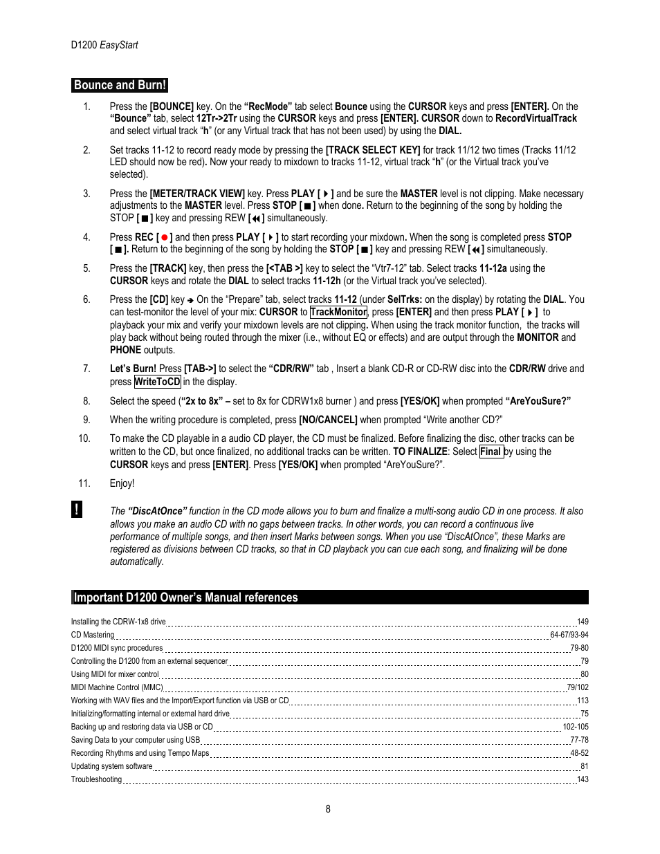 Bounce and burn, Important d1200 owner’s manual references | KORG D1200 User Manual | Page 8 / 8