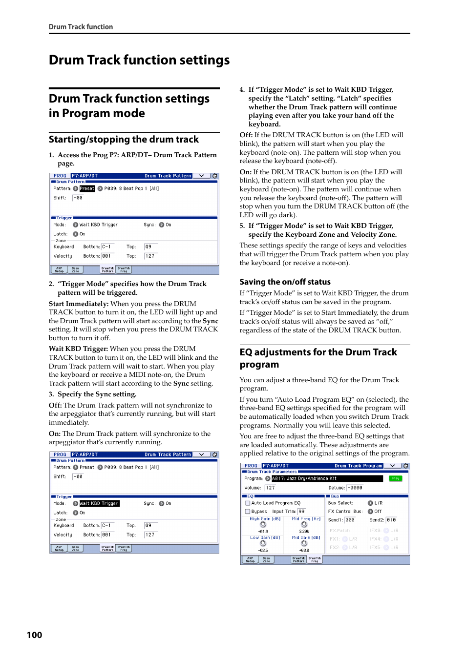 Drum track function settings, Drum track function settings in program mode, Mode | Starting/stopping the drum track, Eq adjustments for the drum track program | KORG Krome music workstasion 61key User Manual | Page 104 / 142