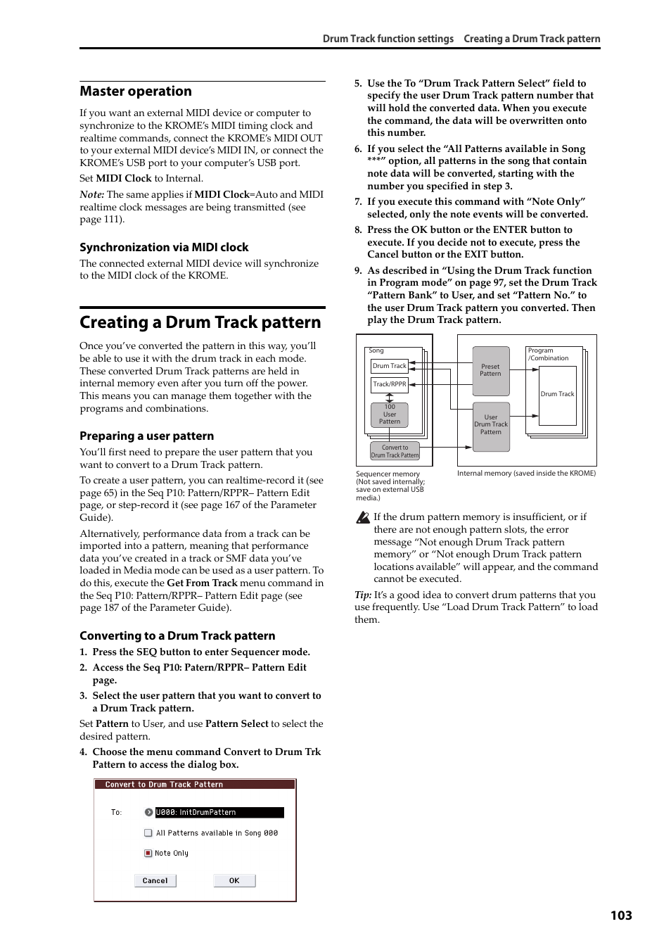 Creating a drum track pattern, P.103, Master operation | Synchronization via midi clock, Preparing a user pattern, Converting to a drum track pattern | KORG Krome music workstasion 61key User Manual | Page 107 / 142