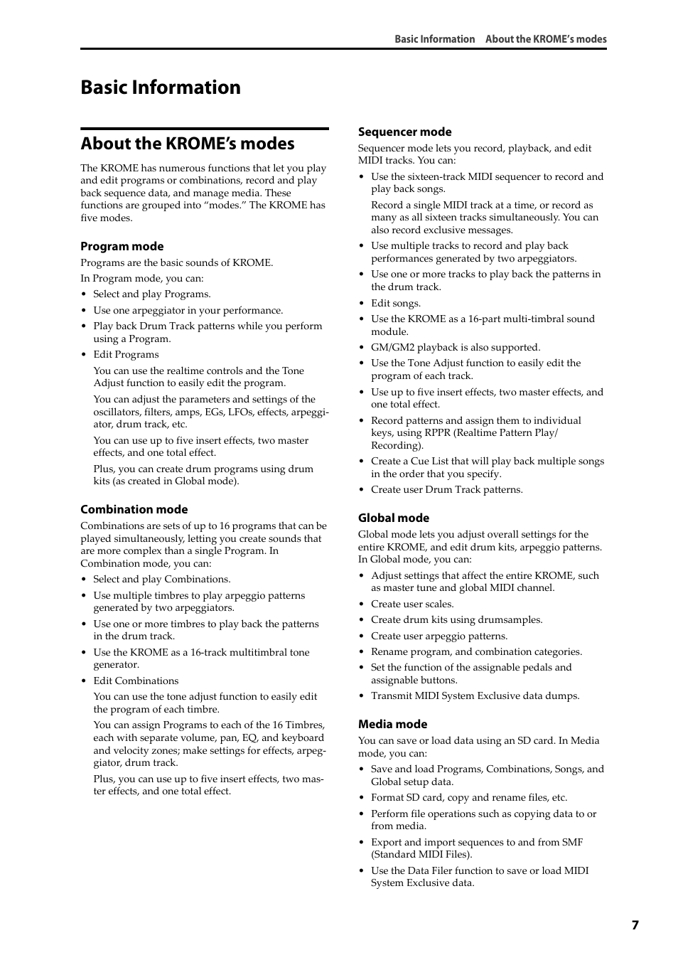 Basic information, About the krome’s modes, Basic information about the krome’s modes | KORG Krome music workstasion 61key User Manual | Page 11 / 142