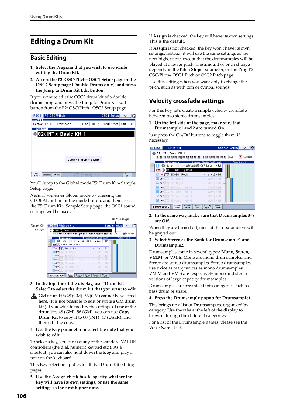Editing a drum kit, Basic editing, Velocity crossfade settings | KORG Krome music workstasion 61key User Manual | Page 110 / 142