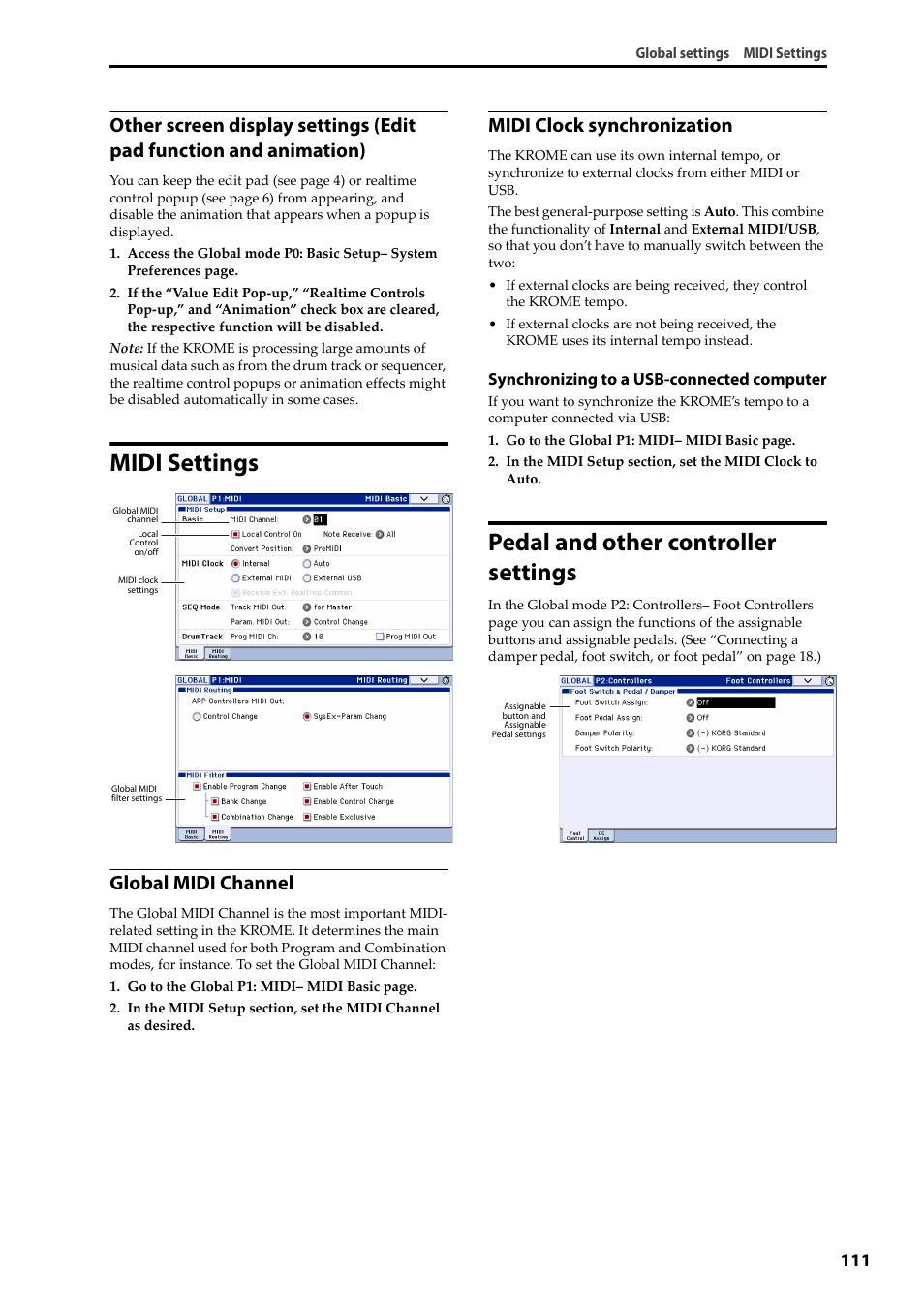Midi settings, Pedal and other controller settings, Midi settings pedal and other controller settings | Global midi channel, Midi clock synchronization | KORG Krome music workstasion 61key User Manual | Page 115 / 142