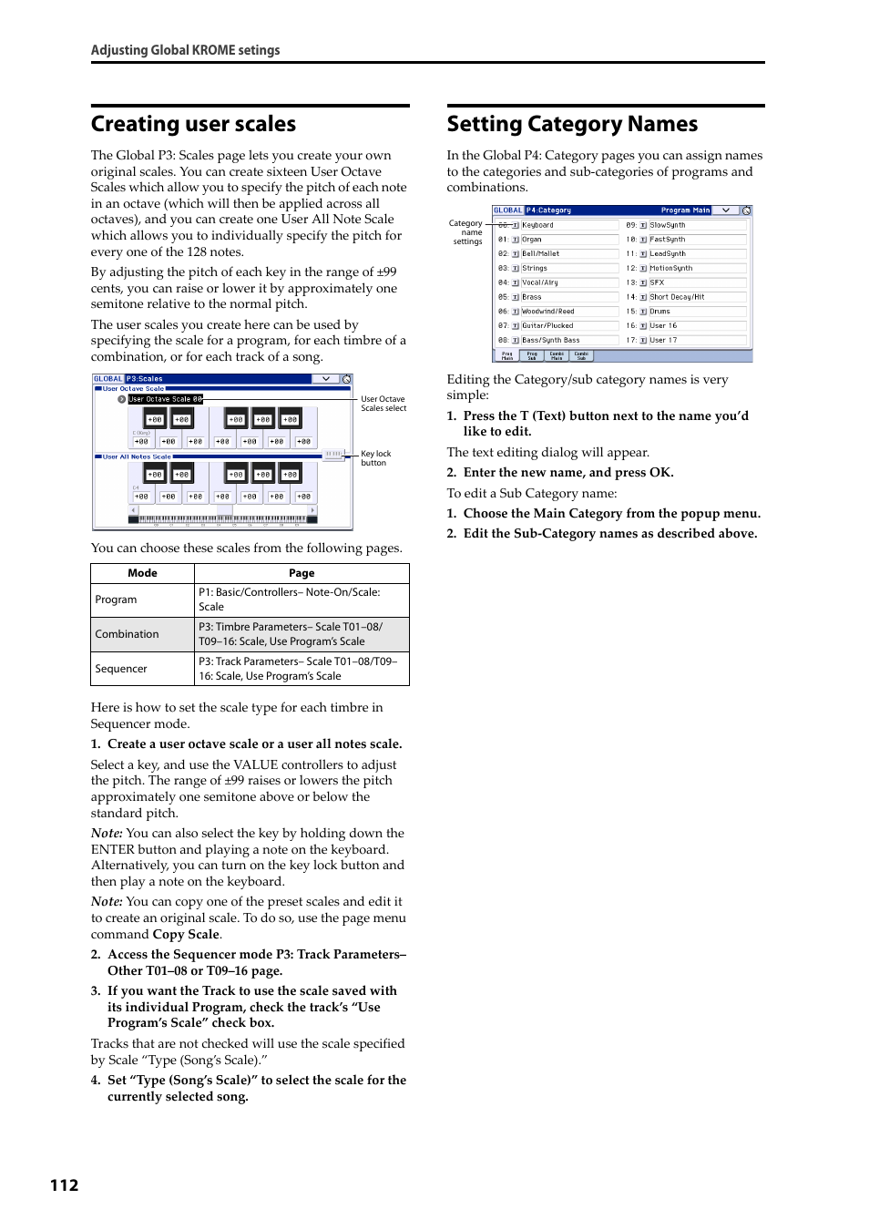 Creating user scales, Setting category names, Creating user scales setting category names | KORG Krome music workstasion 61key User Manual | Page 116 / 142