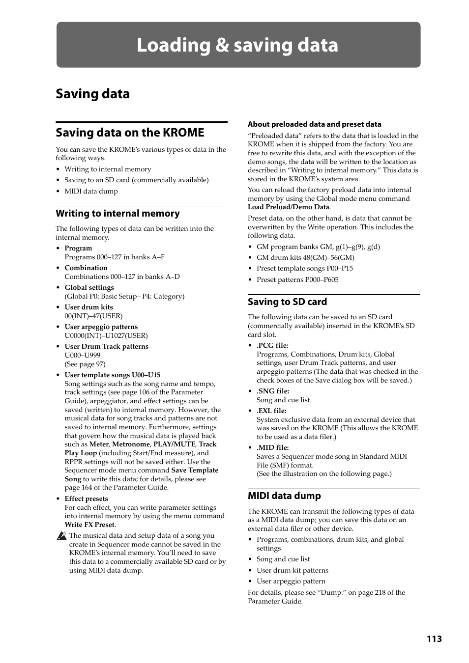 Loading & saving data, Saving data, Saving data on the krome | Saving data saving data on the krome, Saving to sd card, Midi data dump | KORG Krome music workstasion 61key User Manual | Page 117 / 142