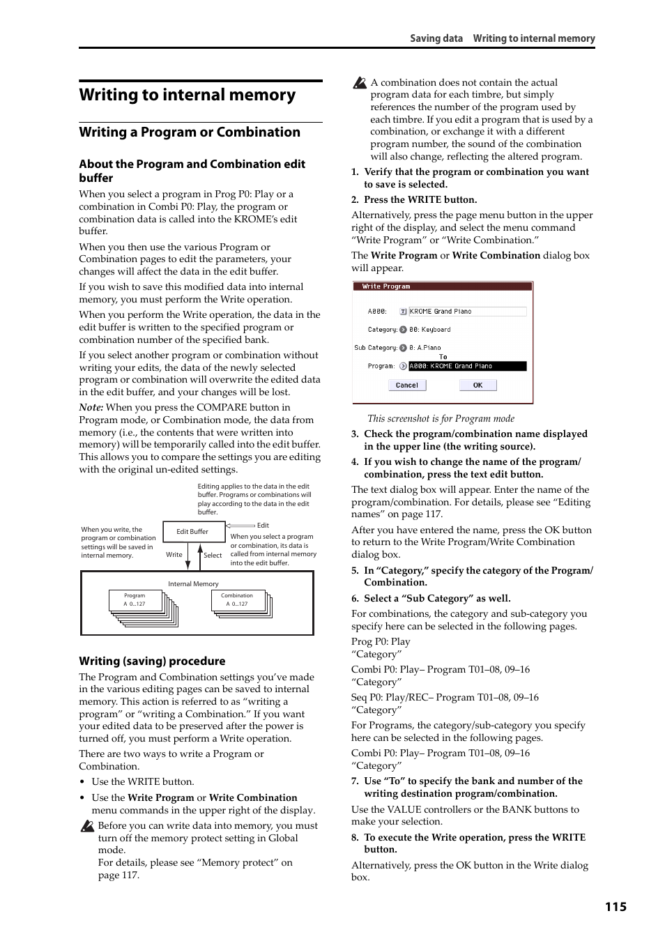 Writing to internal memory, P.115, Writing a program or combination | About the program and combination edit buffer, Writing (saving) procedure | KORG Krome music workstasion 61key User Manual | Page 119 / 142