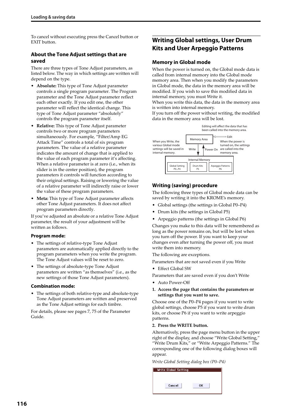 P.116, About the tone adjust settings that are saved, Writing (saving) procedure | KORG Krome music workstasion 61key User Manual | Page 120 / 142