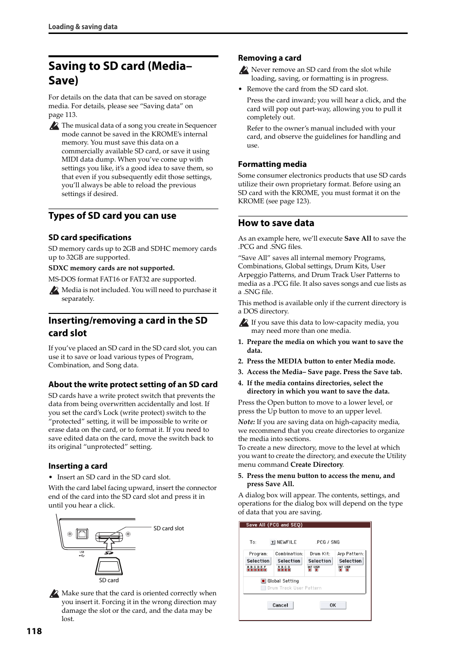 Saving to sd card (media– save), Saving to sd card (media–save), P.118 | Types of sd card you can use, Inserting/removing a card in the sd card slot, How to save data | KORG Krome music workstasion 61key User Manual | Page 122 / 142
