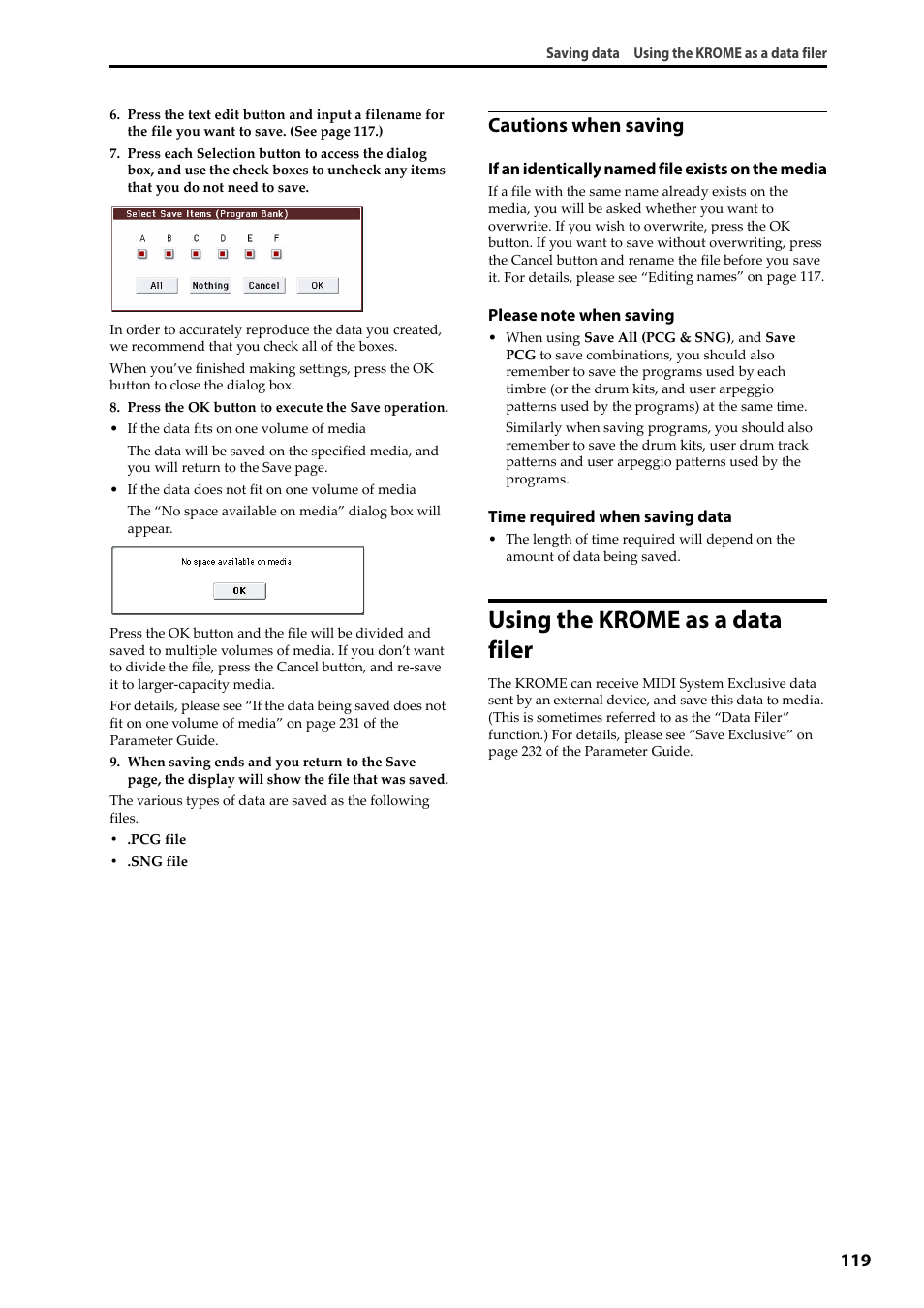 Using the krome as a data filer, Cautions when saving | KORG Krome music workstasion 61key User Manual | Page 123 / 142