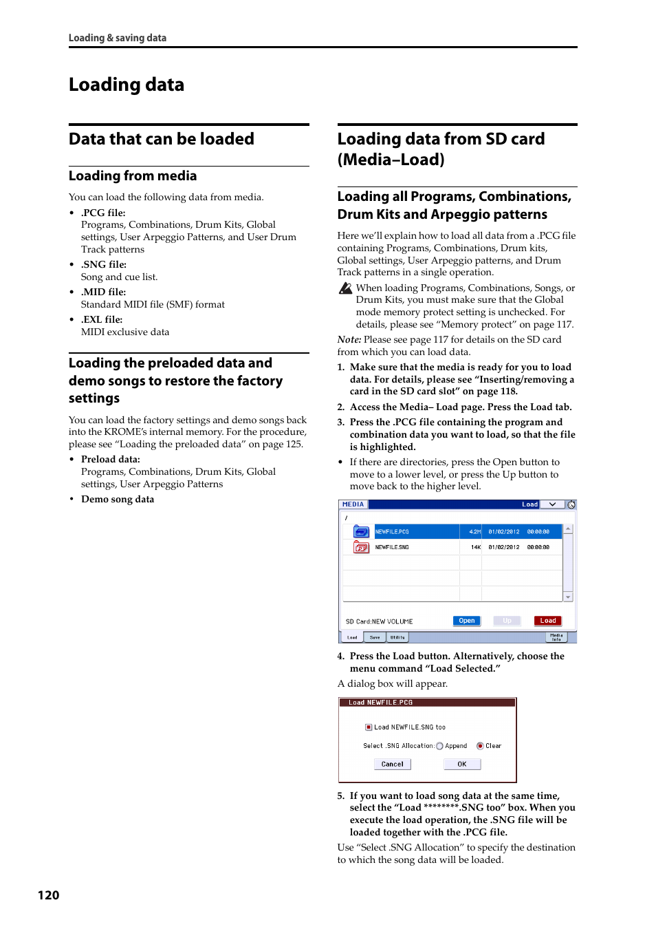 Loading data, Data that can be loaded, Loading data from sd card (media–load) | Loading from media | KORG Krome music workstasion 61key User Manual | Page 124 / 142