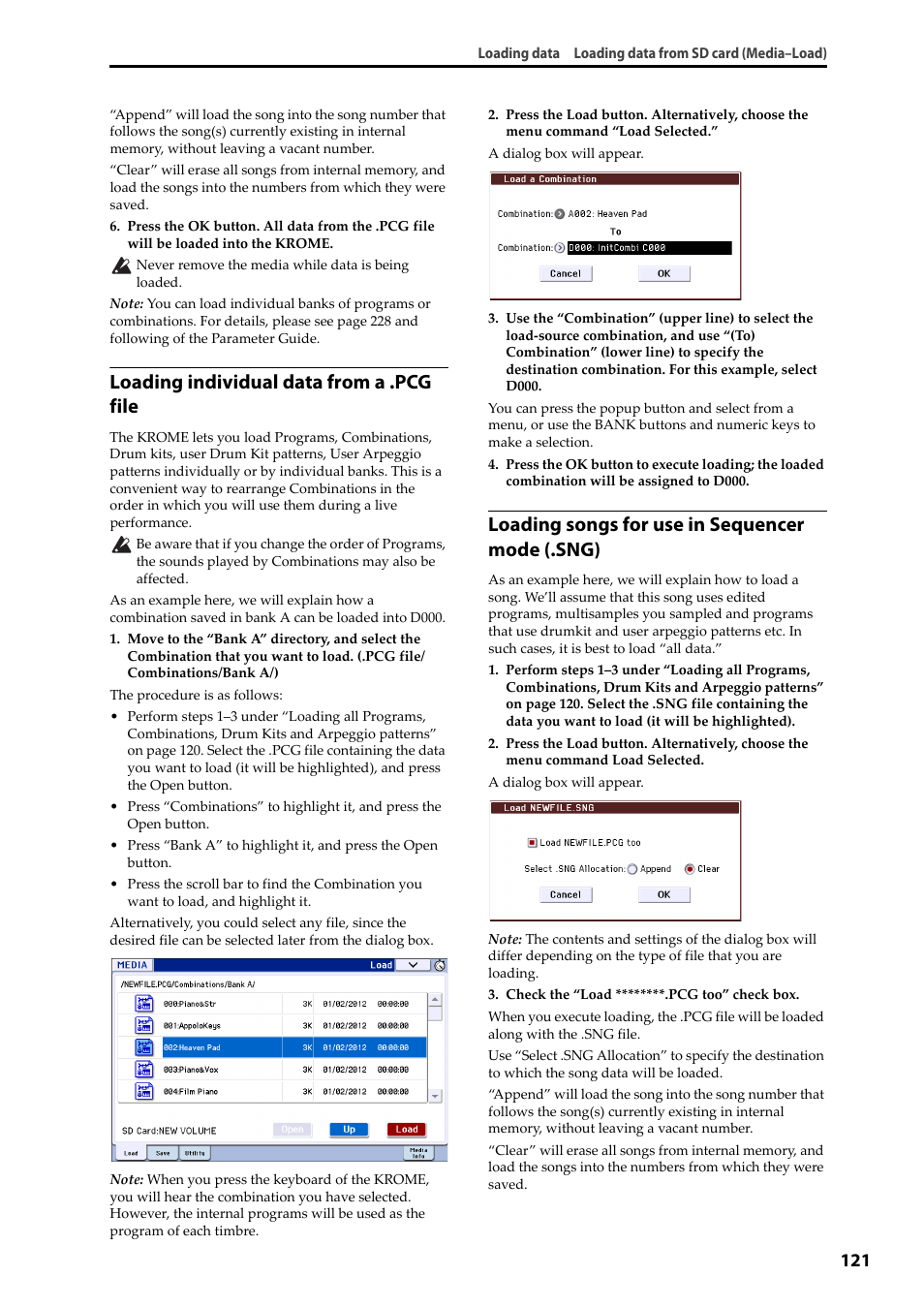 Loading individual data from a .pcg file, Loading songs for use in sequencer mode (.sng) | KORG Krome music workstasion 61key User Manual | Page 125 / 142