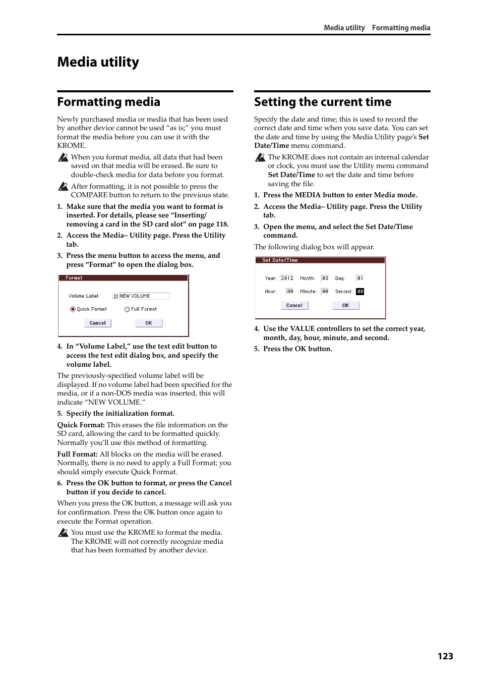 Media utility, Formatting media, Setting the current time | KORG Krome music workstasion 61key User Manual | Page 127 / 142