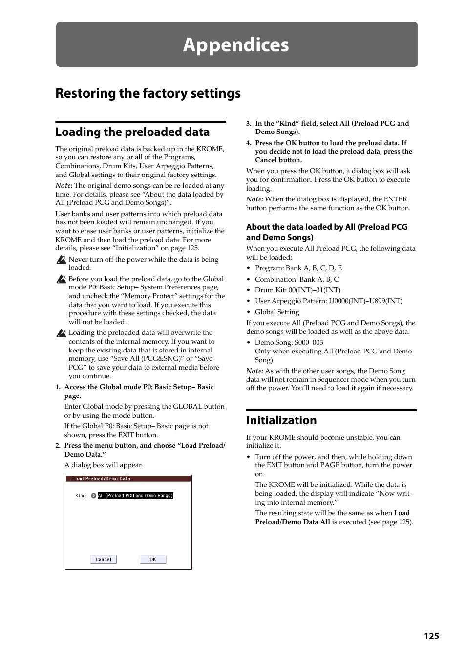 Appendices, Restoring the factory settings, Loading the preloaded data | Initialization | KORG Krome music workstasion 61key User Manual | Page 129 / 142
