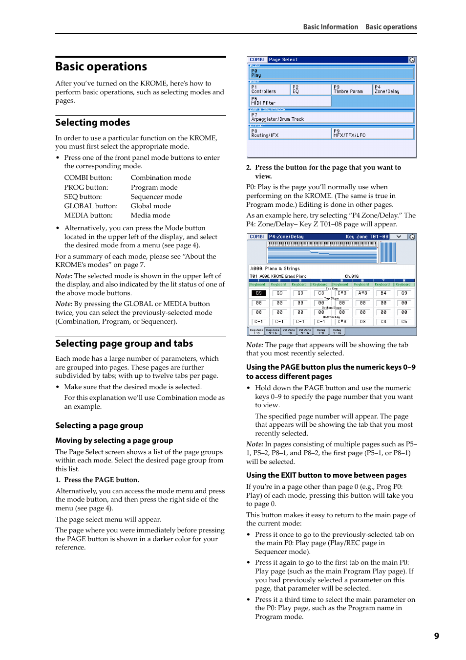 Basic operations, Selecting modes, Selecting page group and tabs | KORG Krome music workstasion 61key User Manual | Page 13 / 142