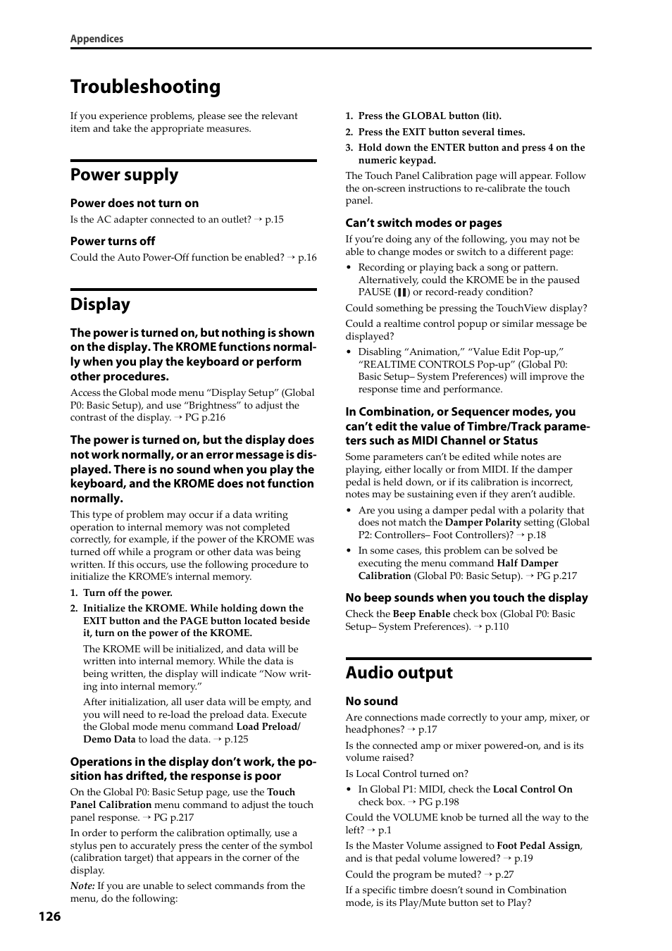 Troubleshooting, Power supply, Display | Audio output, Troubleshooting power supply display audio output | KORG Krome music workstasion 61key User Manual | Page 130 / 142
